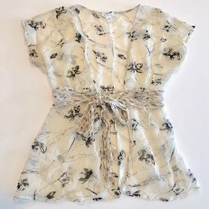 Ivory and black flowy blouse with tie